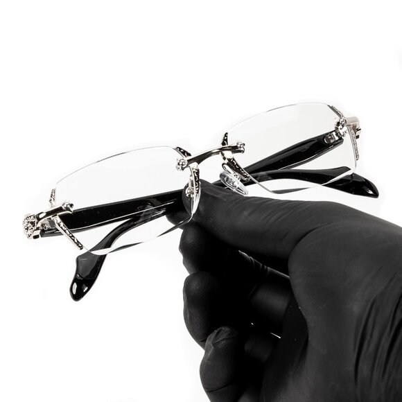 Clear Lens Silver Frame Retro Gothic Cross Style Edge Cut Rimless Eye Glasses - Picture 6 of 8